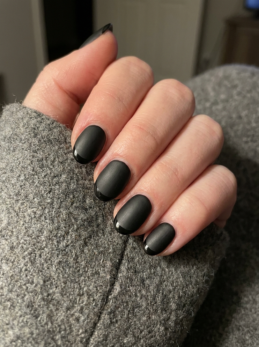 Short Matte Black Nails mit Glossy Tips als Halloween Nails Kurz Inspiration 2026